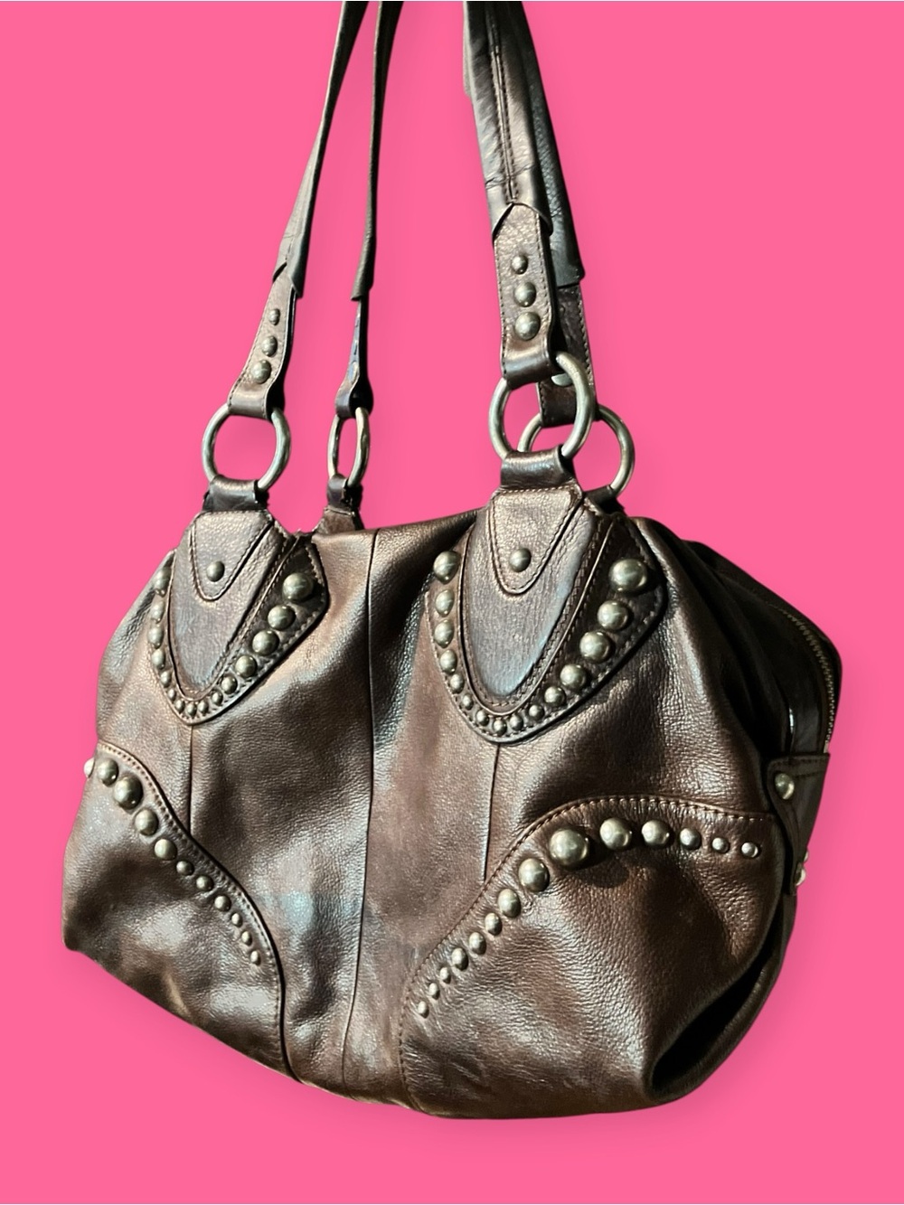 Studded Brown Leather Shoulder Bag - Picture 7 of 9
